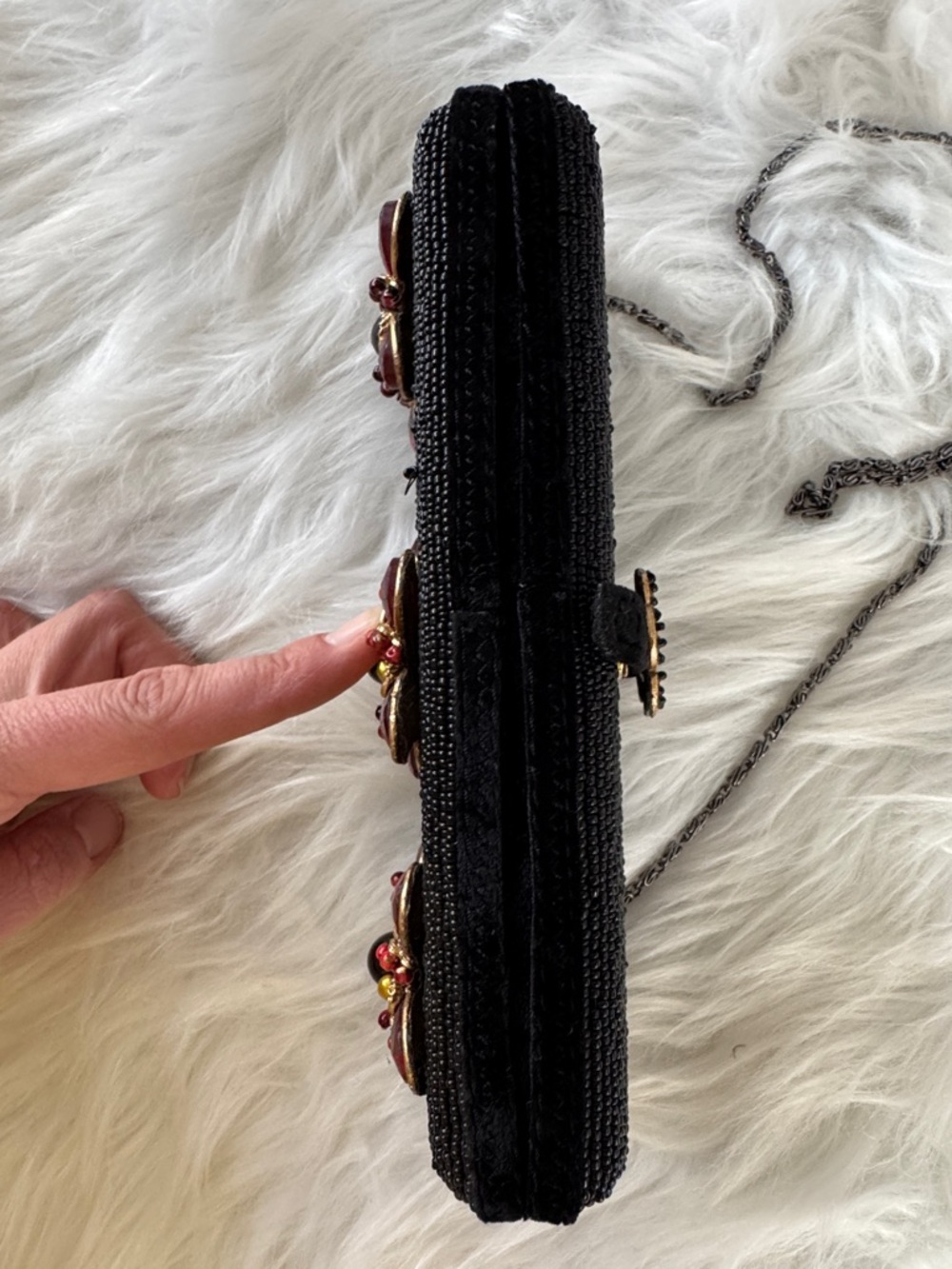 Mary Frances Black Beaded Evening Clutch with Red Gem Flower Accents - Picture 3 of 15